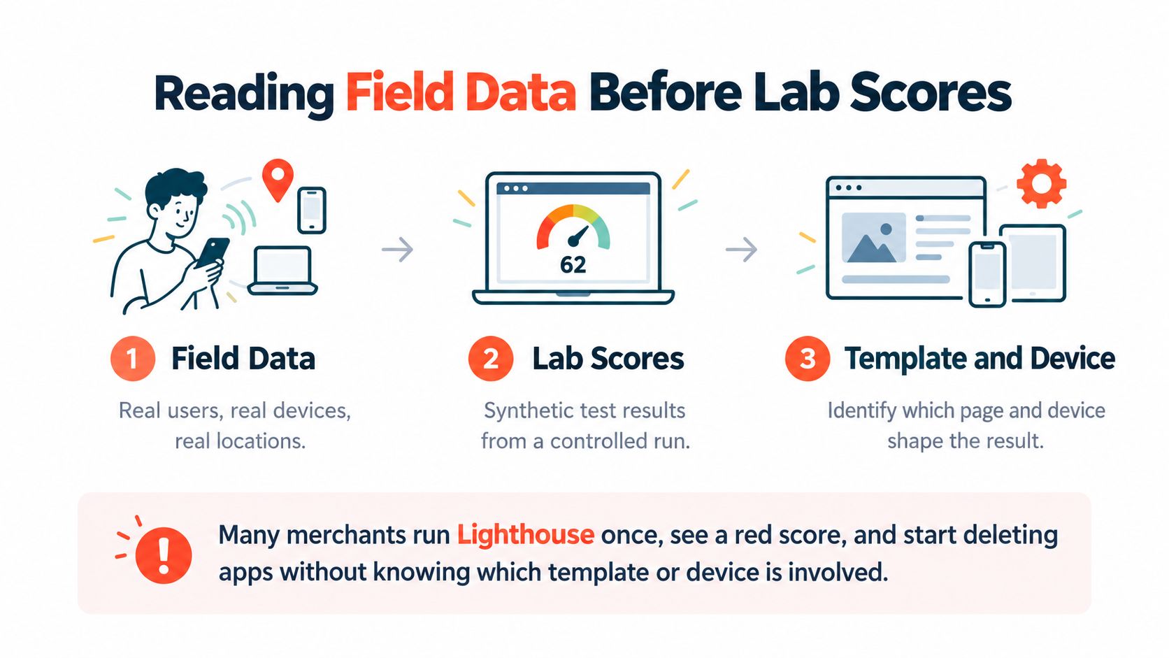 A diagram explaining the workflow of reading field data before lab scores for website performance optimization.