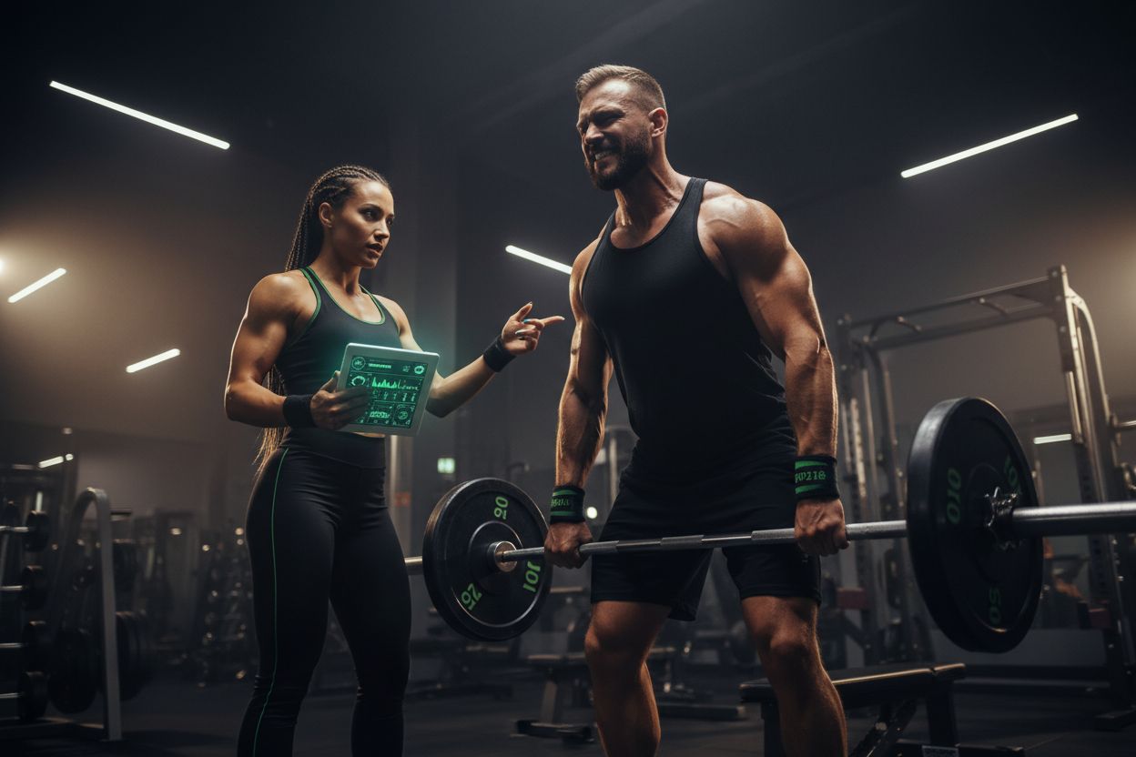Coach reviewing workout data on tablet during lifting session