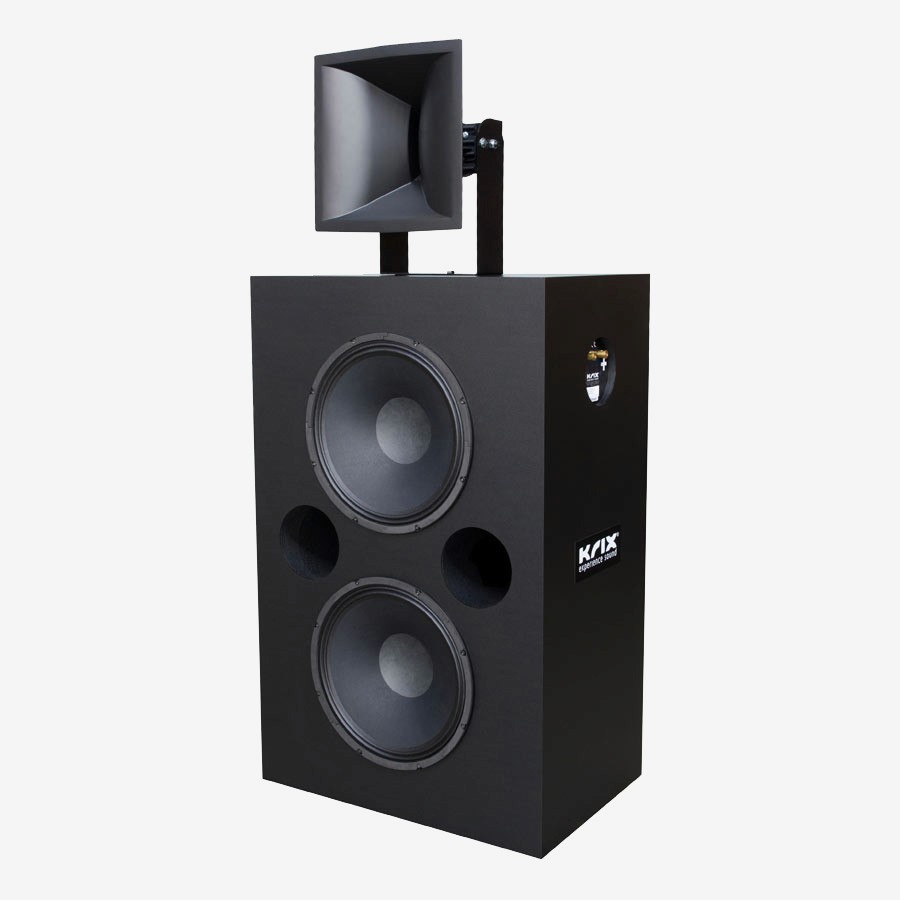 Black professional speaker with two large woofers and a horn tweeter.