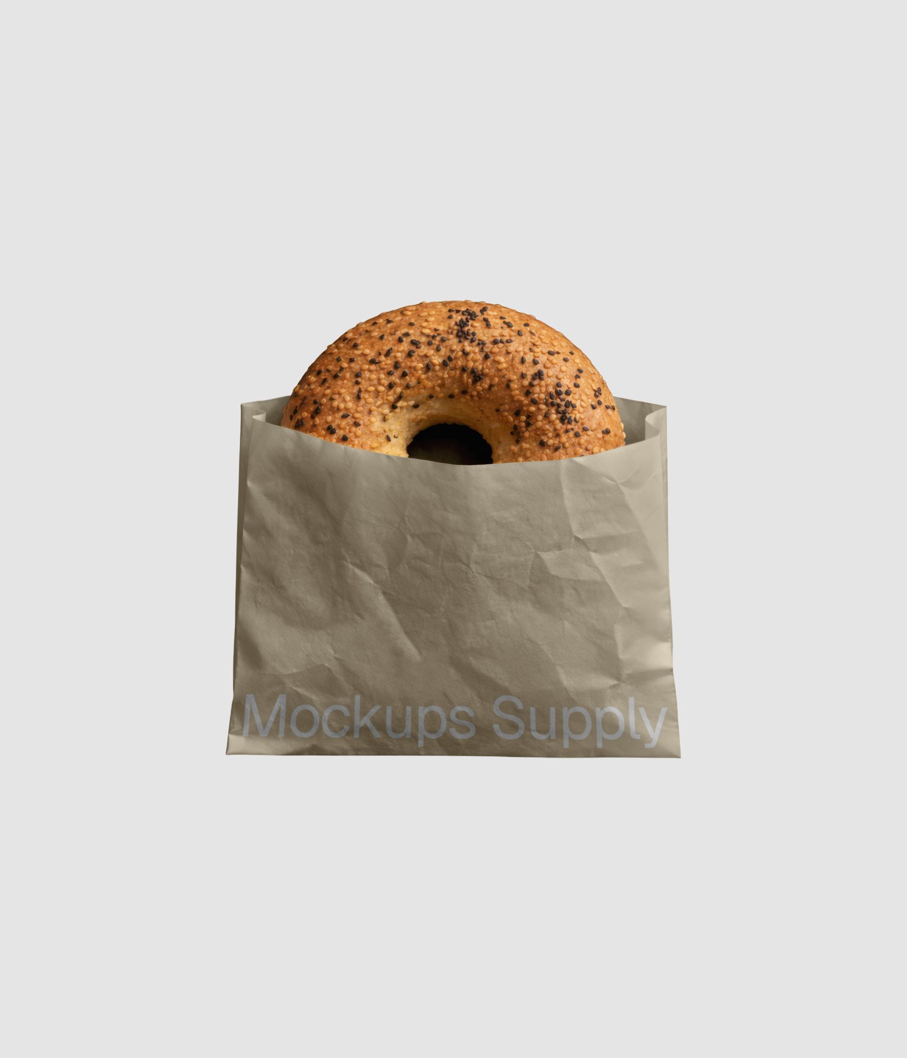 Bagel in beige paper bag mockup on gray background for Photoshop download psd