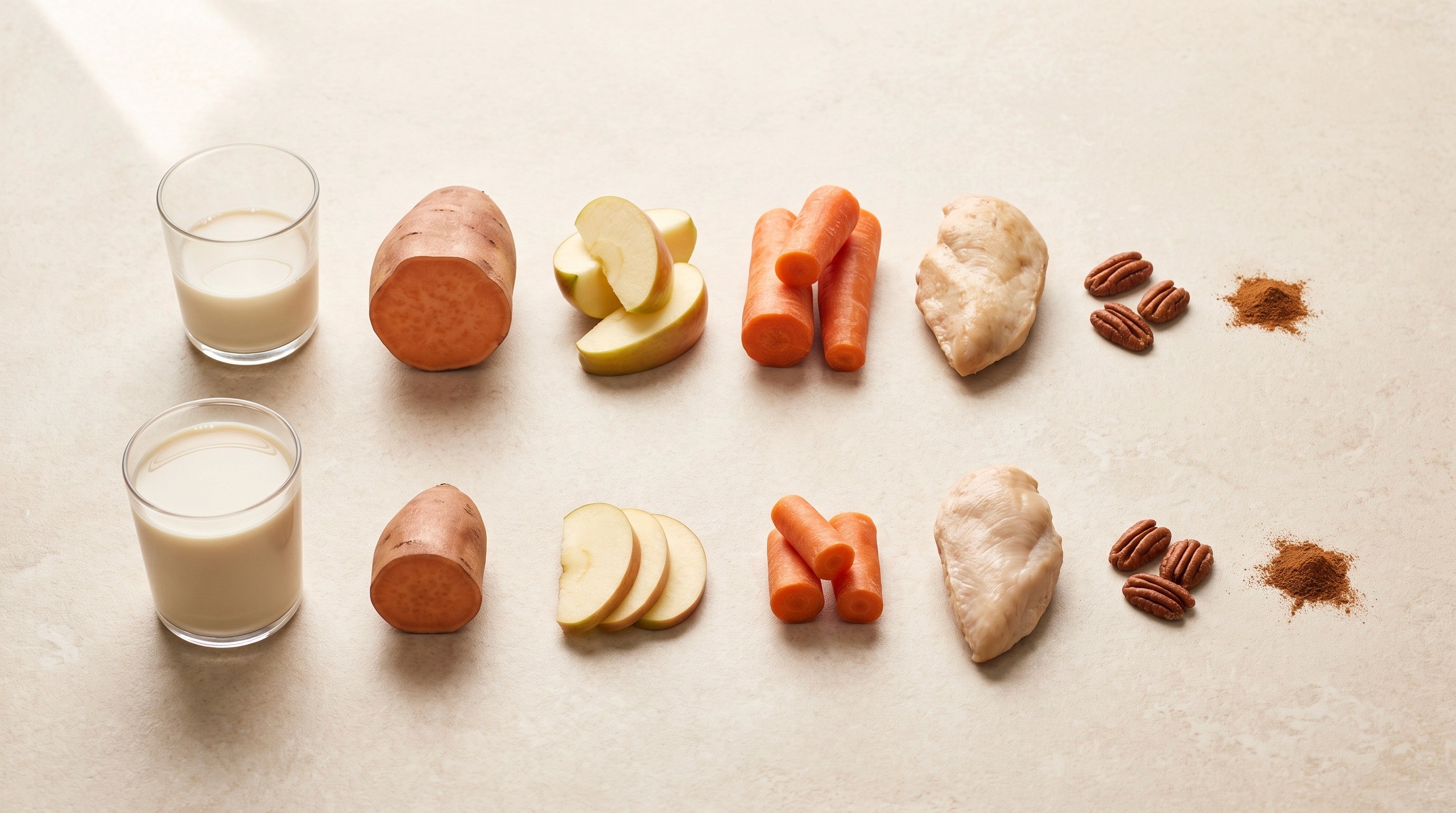 Two matching rows of the same seven whole-food ingredients — soy milk, sweet potato, apple, carrot, chicken, pecans and cinnamon — portioned at different sizes side by side on a pale stone surface.