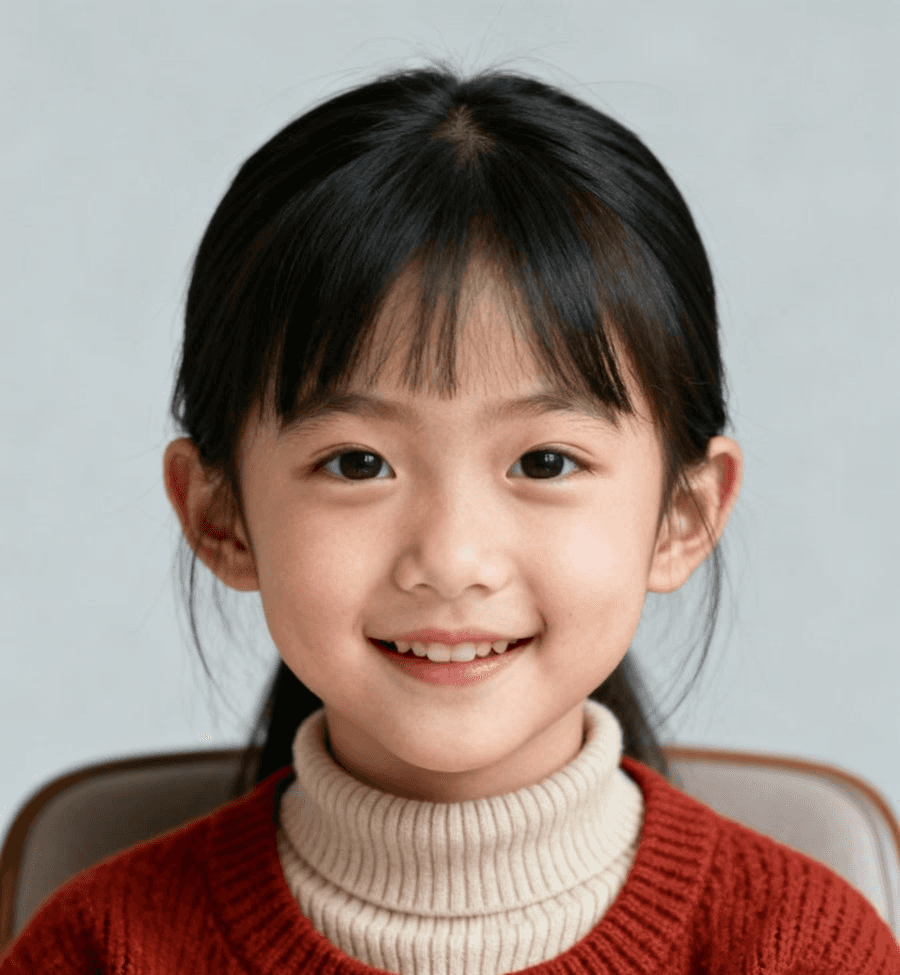 Smiling child in rust sweater and turtleneck seated against light gray background
