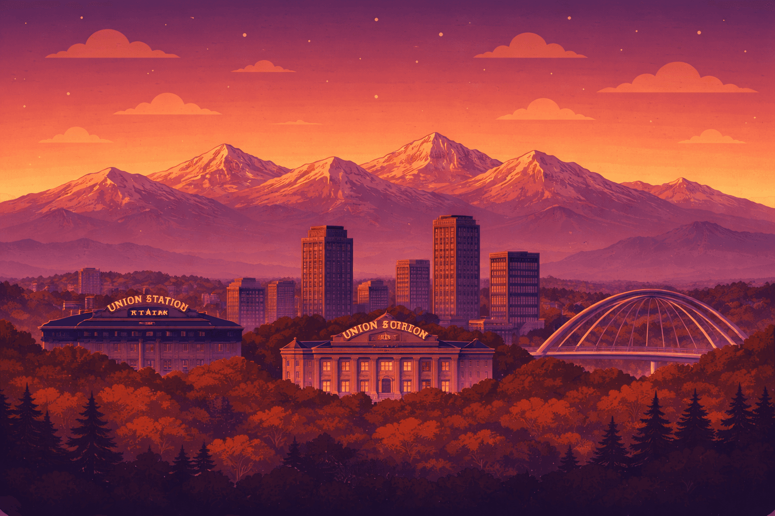 Administration showing a water fountain with a city landscape.