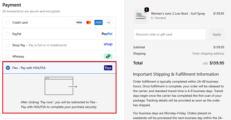 Pay for shoes with HSA/FSA using Flex checkout