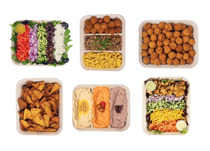 top down shot of various catering trays filled with food