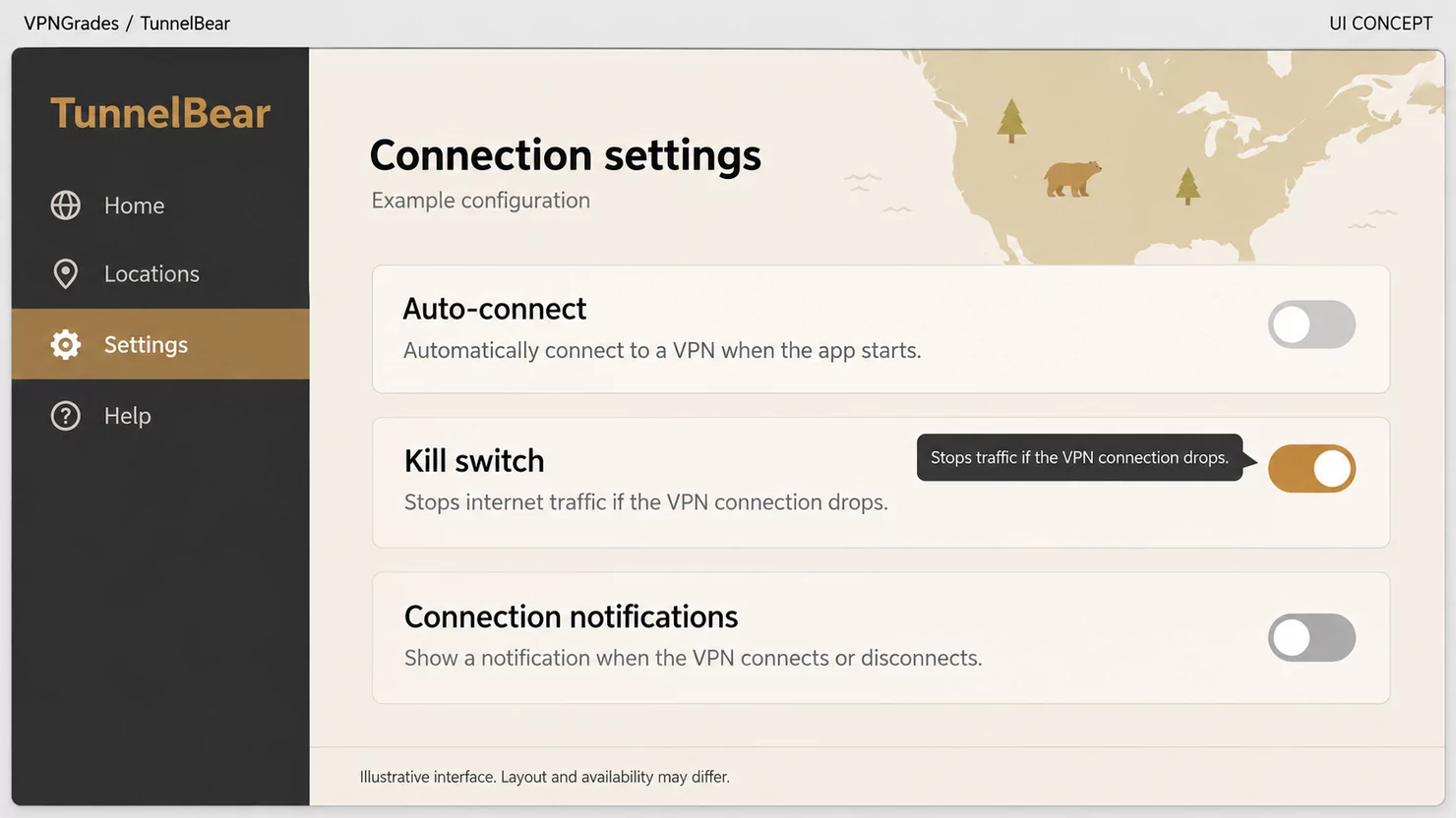 TunnelBear: connection settings with a kill switch control (illustration).