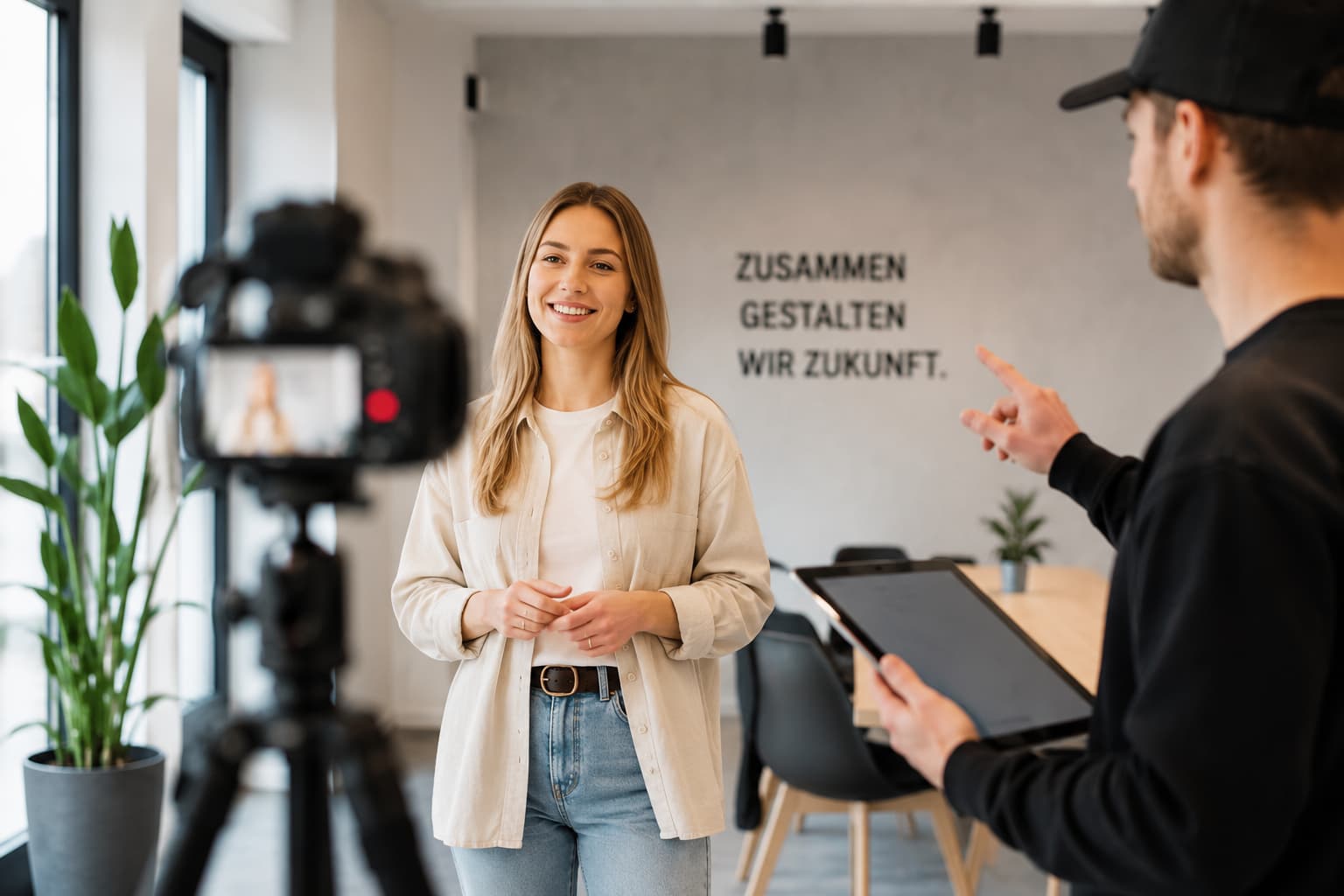 Grafische Darstellung zur Produktion von Recruiting Content mit Kamera, Teamfotos und Arbeitgeberkommunikation. Das Bild zeigt Mitarbeiterstimmen, Recruiting Reels, Behind the Scenes und Karrierecontent.