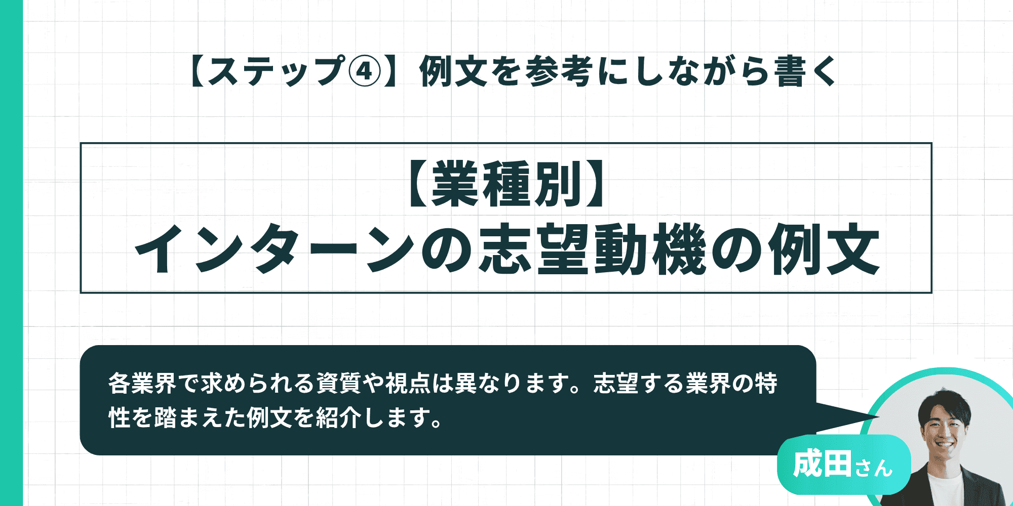 タイトル: 【ステップ④】例文を参考にしながら書く  中央の見出し: 【業種別】インターンの志望動機の例文  補足: 成田さんのアイコンと共に「各業界で求められる資質や視点は異なります。志望する業界の特性を踏まえた例文を紹介します。」とのコメント。