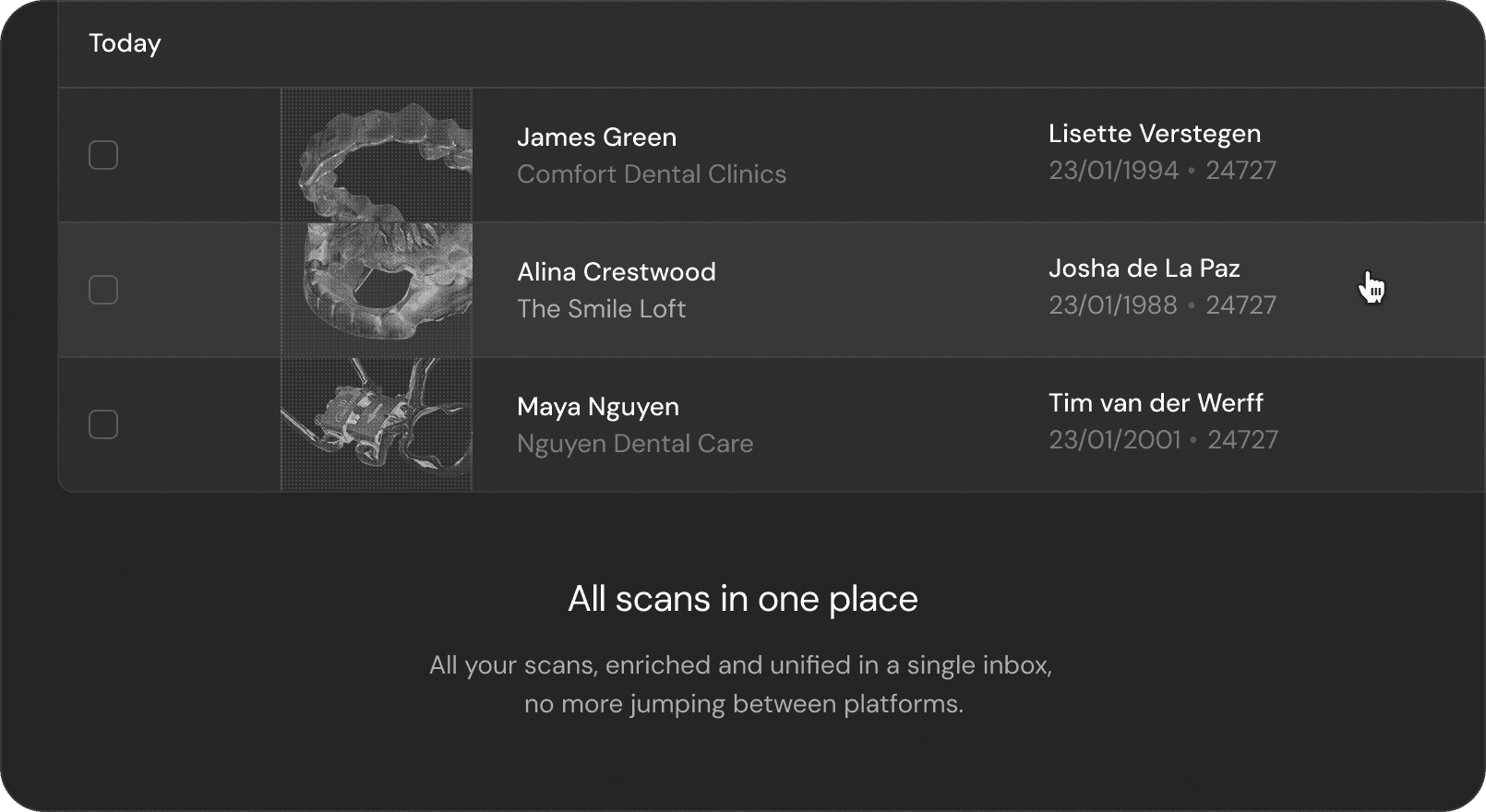 Cadmus Order Inbox card showing lab information, customer data, and a scan image. Title: 'All scans in one place.' Subtitle: 'All your scans, enriched and unified in a single inbox.'