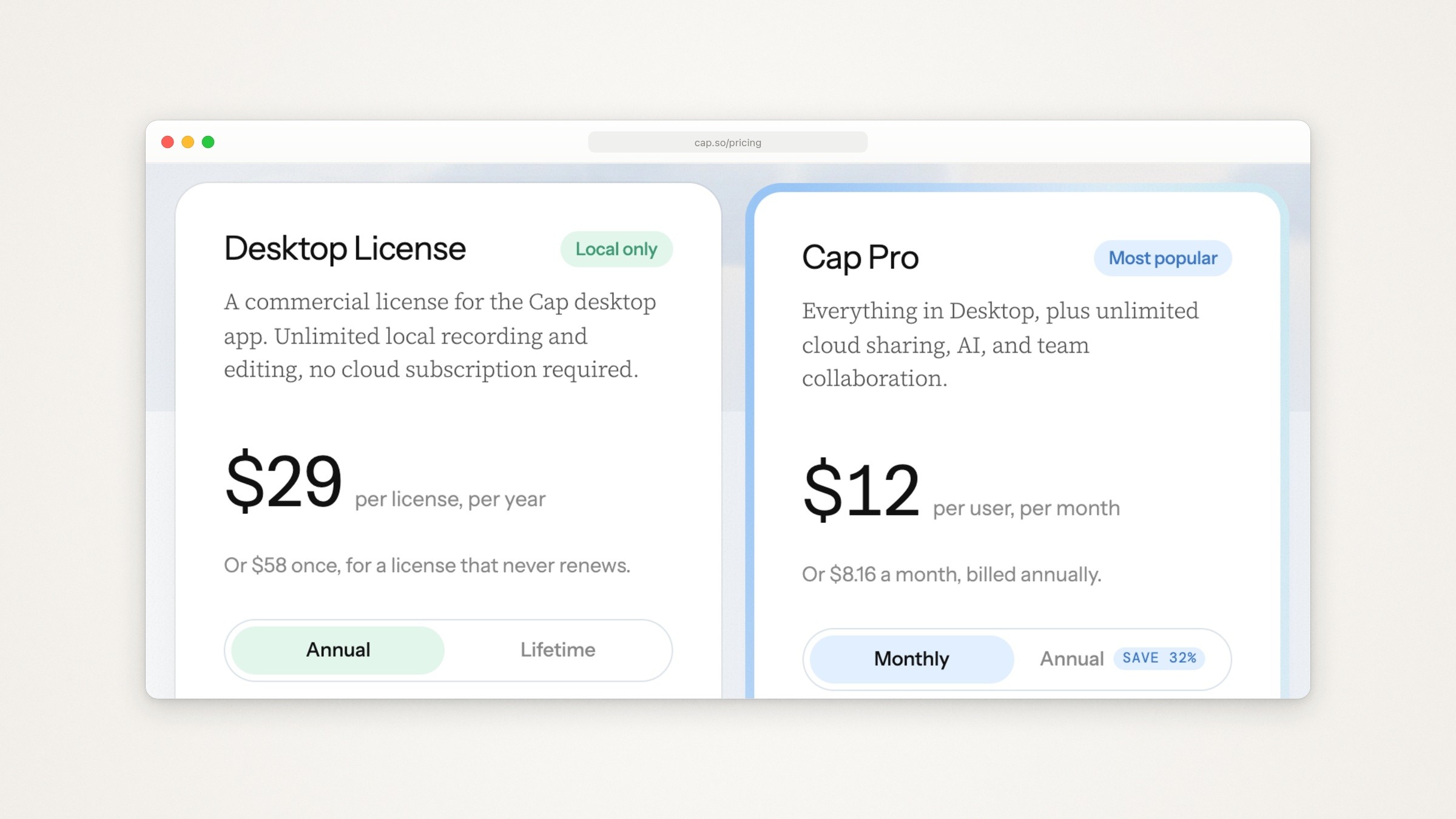 Cap’s pricing page: the Desktop License at $29 per license per year, or $58 once, and Cap Pro at $12 per user per month, or $8.16 a month billed annually