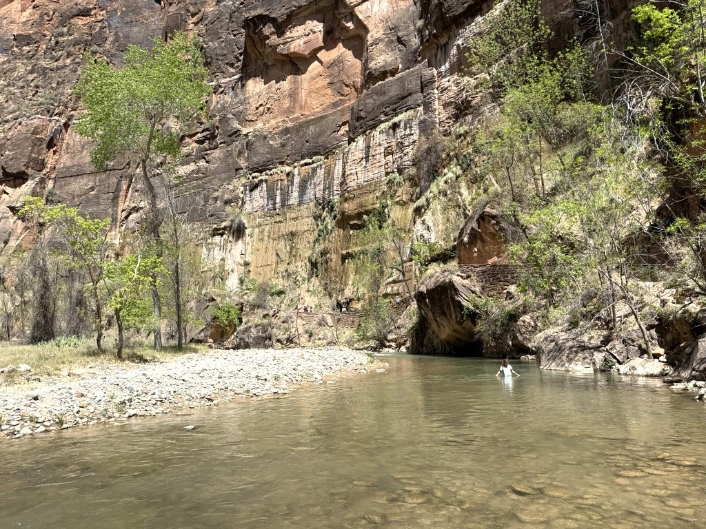Walking up the Virgin River on the Riverside Walk toward the Narrows