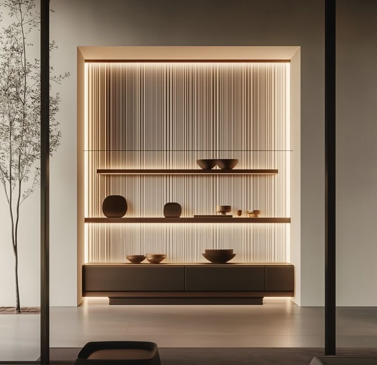 Warmly lit built-in shelving and dining cabinetry