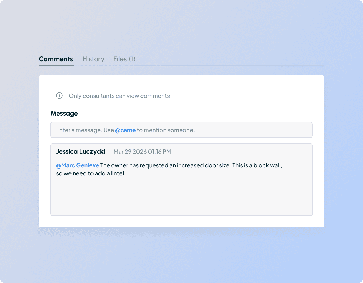 Collaborating with consultants on change orders using comment threads and mentions in construction platform