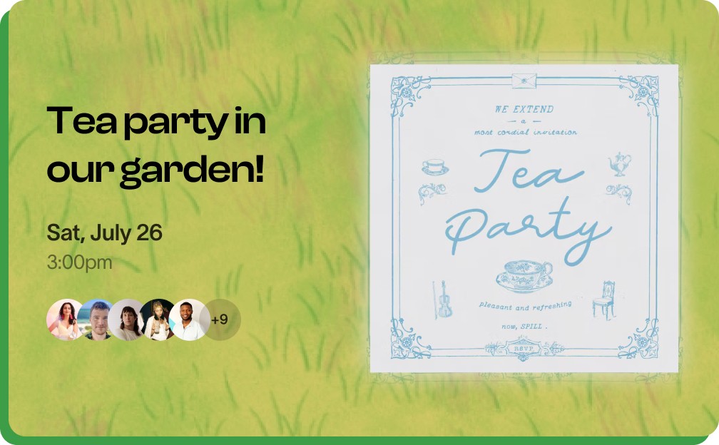 A colorful card featuring decorative text stating "TeeParty in our garden" on a green background.