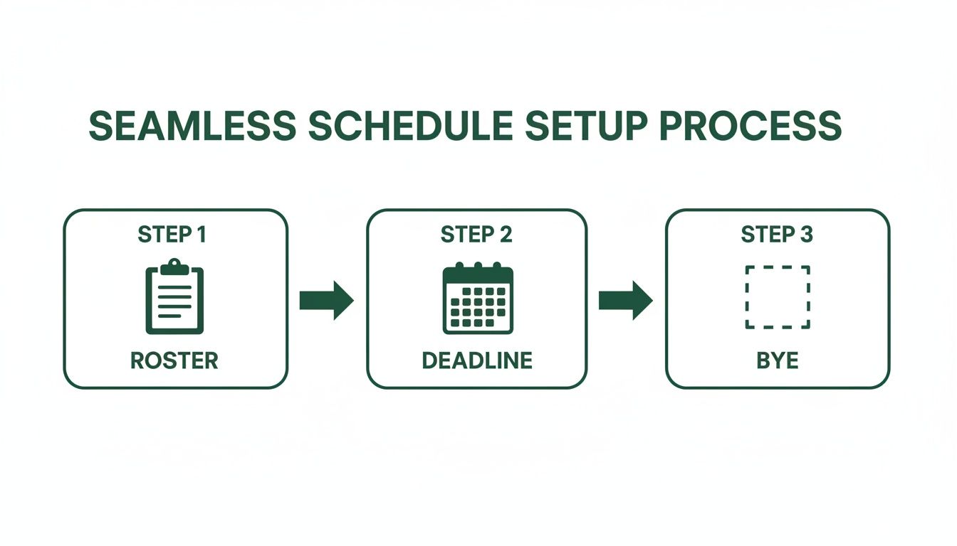 Infographic showing a seamless schedule setup process with steps for roster, deadline, and bye.