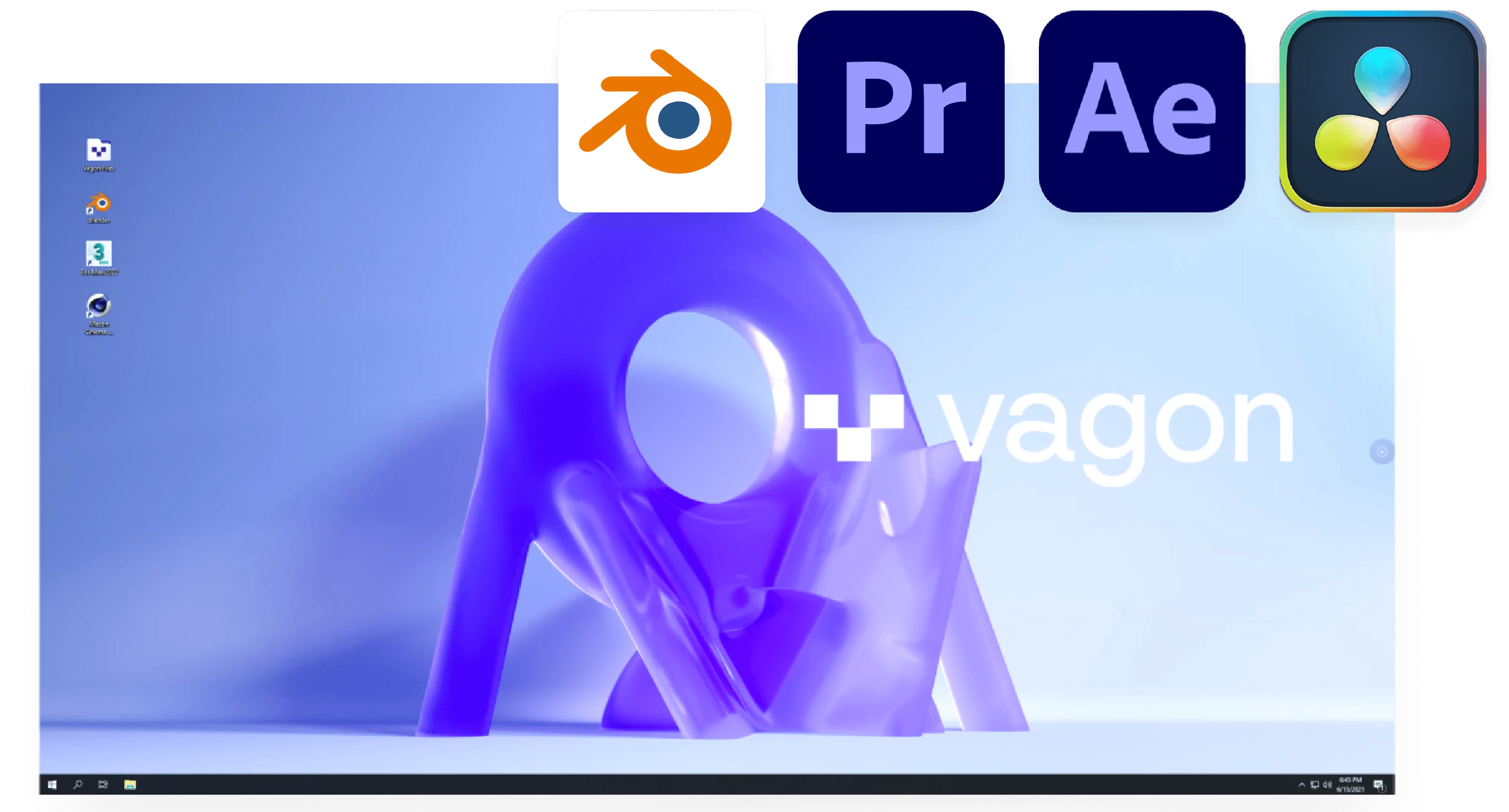 Vagon cloud desktop wallpaper with a purple abstract 3D form, overlaid with large icons for Blender, Premiere Pro, After Effects, and DaVinci Resolve.