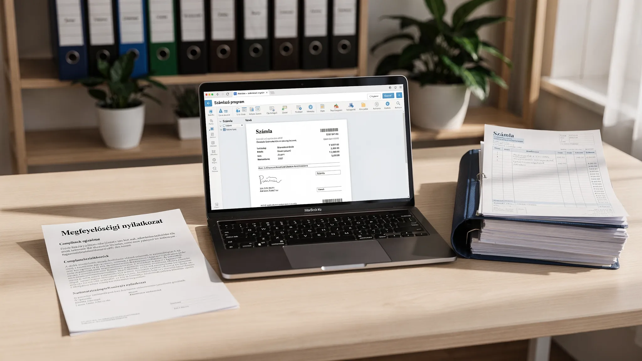 Egy kisvállalkozás adminisztrációs helyzete: laptopon futó számlázó program, mellette kinyomtatott megfelelőségi nyilatkozat és egy dosszié számlákkal, a háttérben rendezett irodai környezet.
