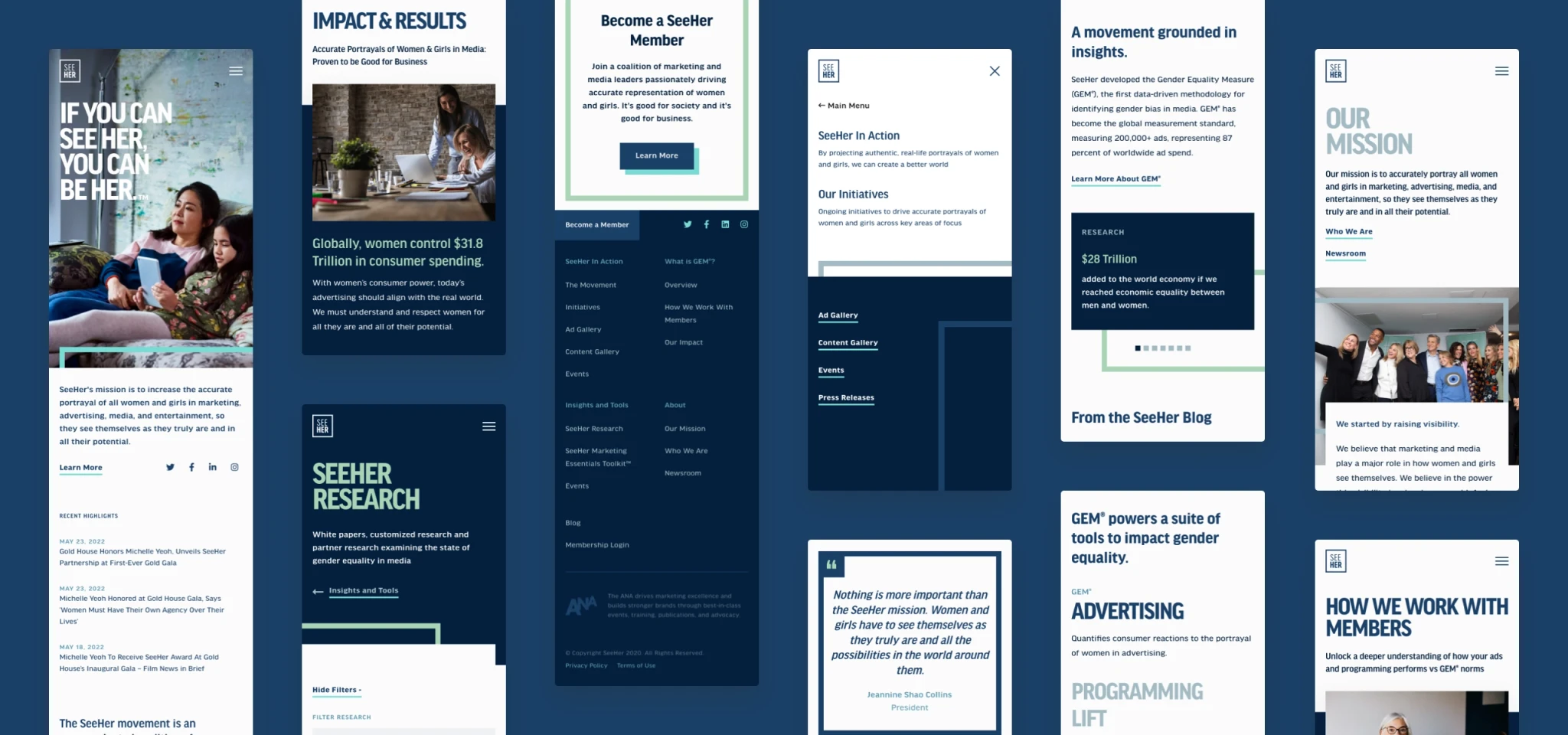 Featured mobile page layouts from the SeeHer website.