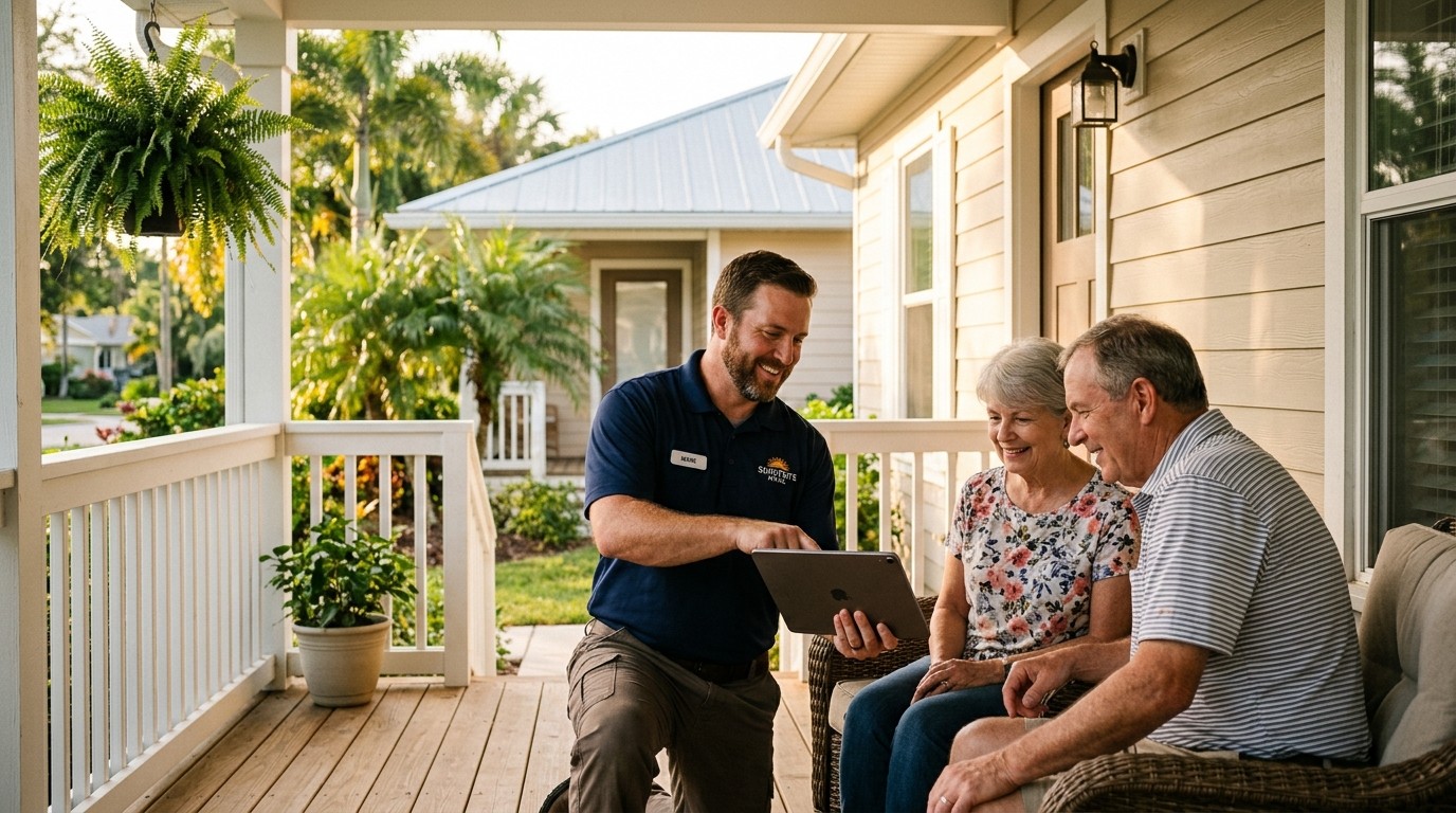 HVAC technician reviewing AC warranty paperwork with a Florida homeowner on their porch
