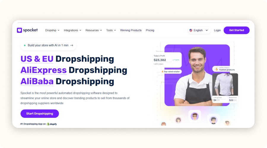 Spocket dashboard with product import and profit preview