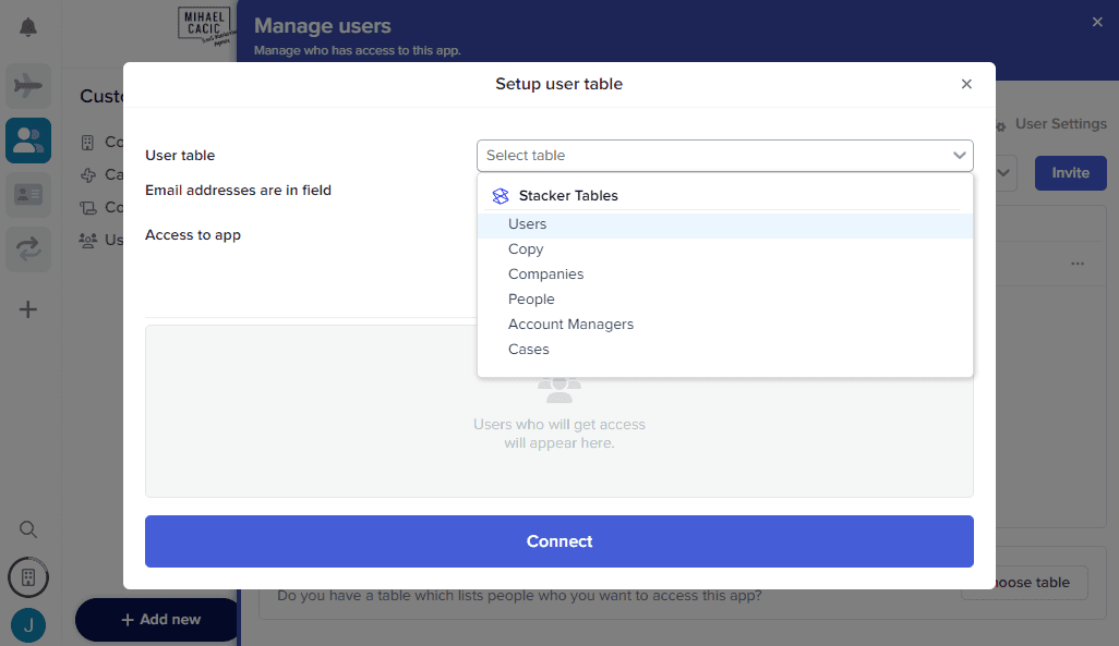 Overview of Stacker’s user table setup interface highlighting how you can select the table from which you want to collect user’s info.