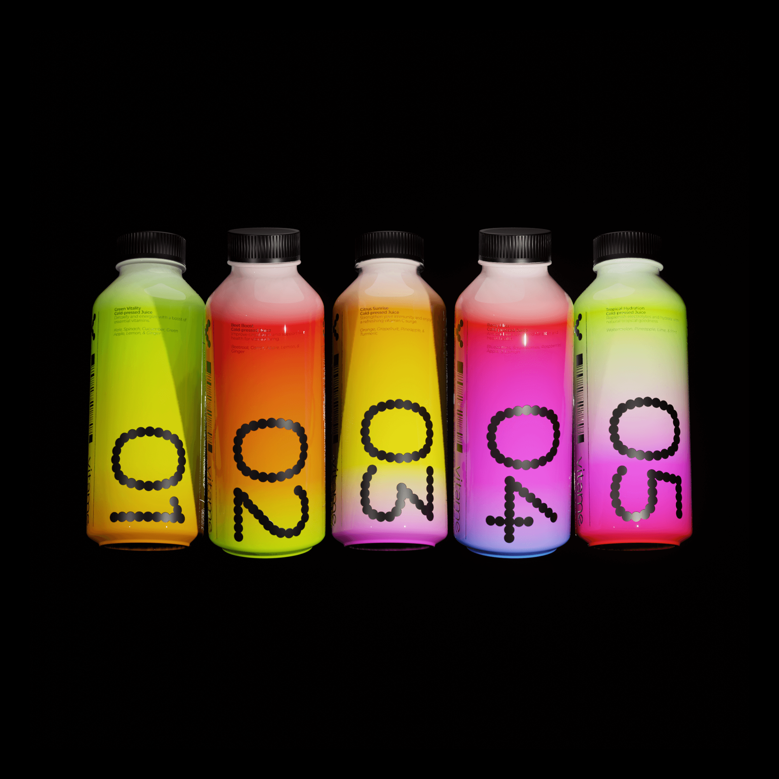 A mockup of 5 vibrantly colored juice bottles against a black background.