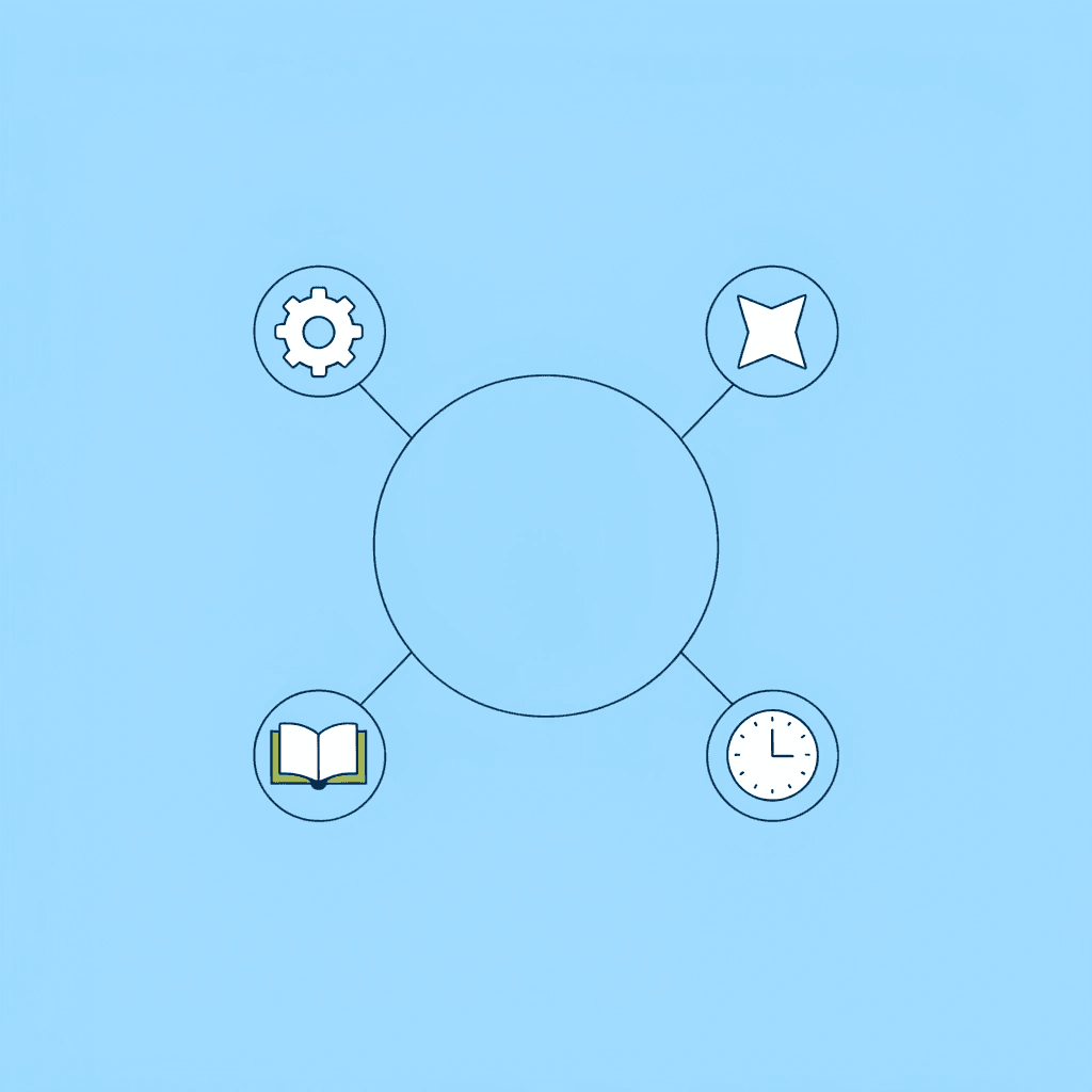 Network diagram showing eight developmental areas (early literacy, math, arts, science, physical) connected to the central preschool curriculum hub