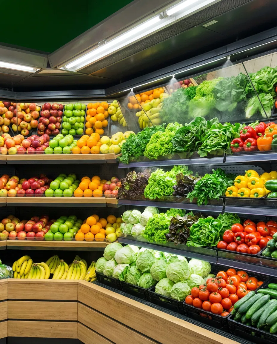 Supermarket produce shelf with assorted fresh fruits and vegetables.