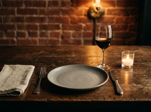 A place setting on bare oak: a stone-grey plate, linen napkin, wine glass and a lit candle