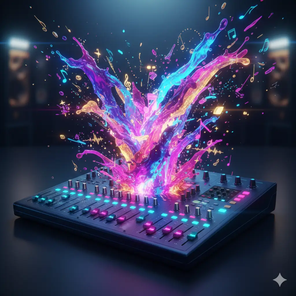 Colorful neon paint and musical notes erupting from a DJ mixer, blending vibrant blues, pinks, and golds into a dynamic sound visual.