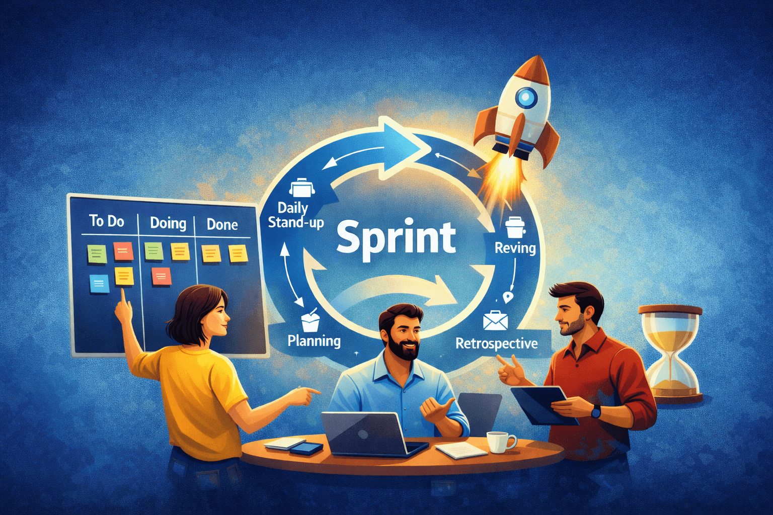 Ilustração de uma equipe reunida discutindo Scrum, com um quadro Kanban ao fundo, um ciclo de Sprint ao centro e elementos visuais que representam planejamento, reuniões diárias, revisão e retrospectiva de projetos ágeis.