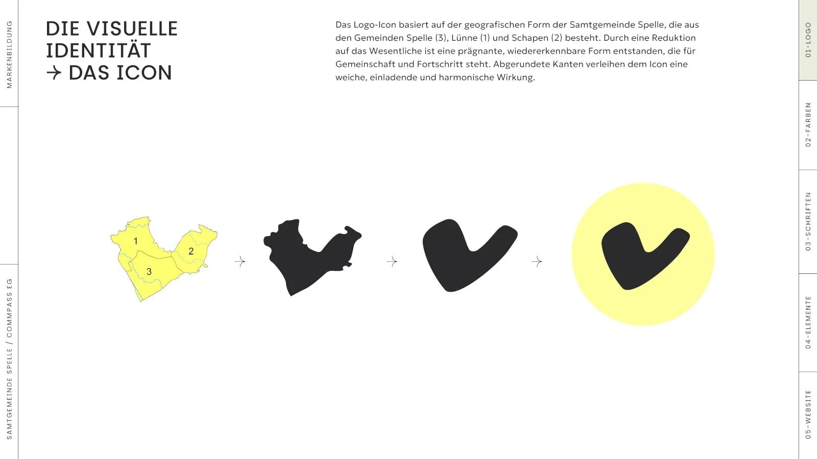 Entwicklung eines Icons: Geografische Form zu Checkmark. Visuelle Identität, Logo-Design.
