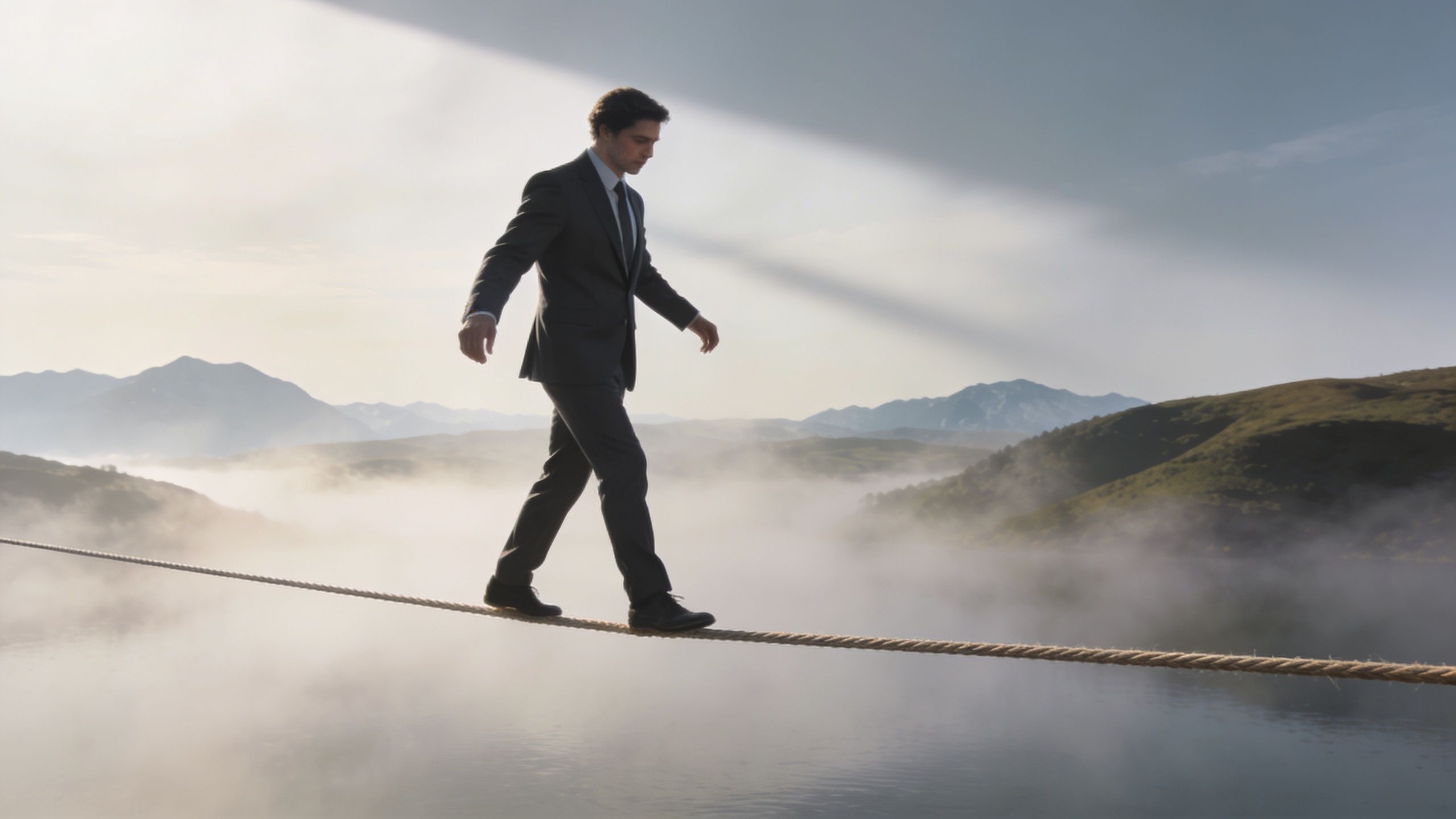 A businessman in a suit walks across a tightrope over a misty lake, representing financial risk management.