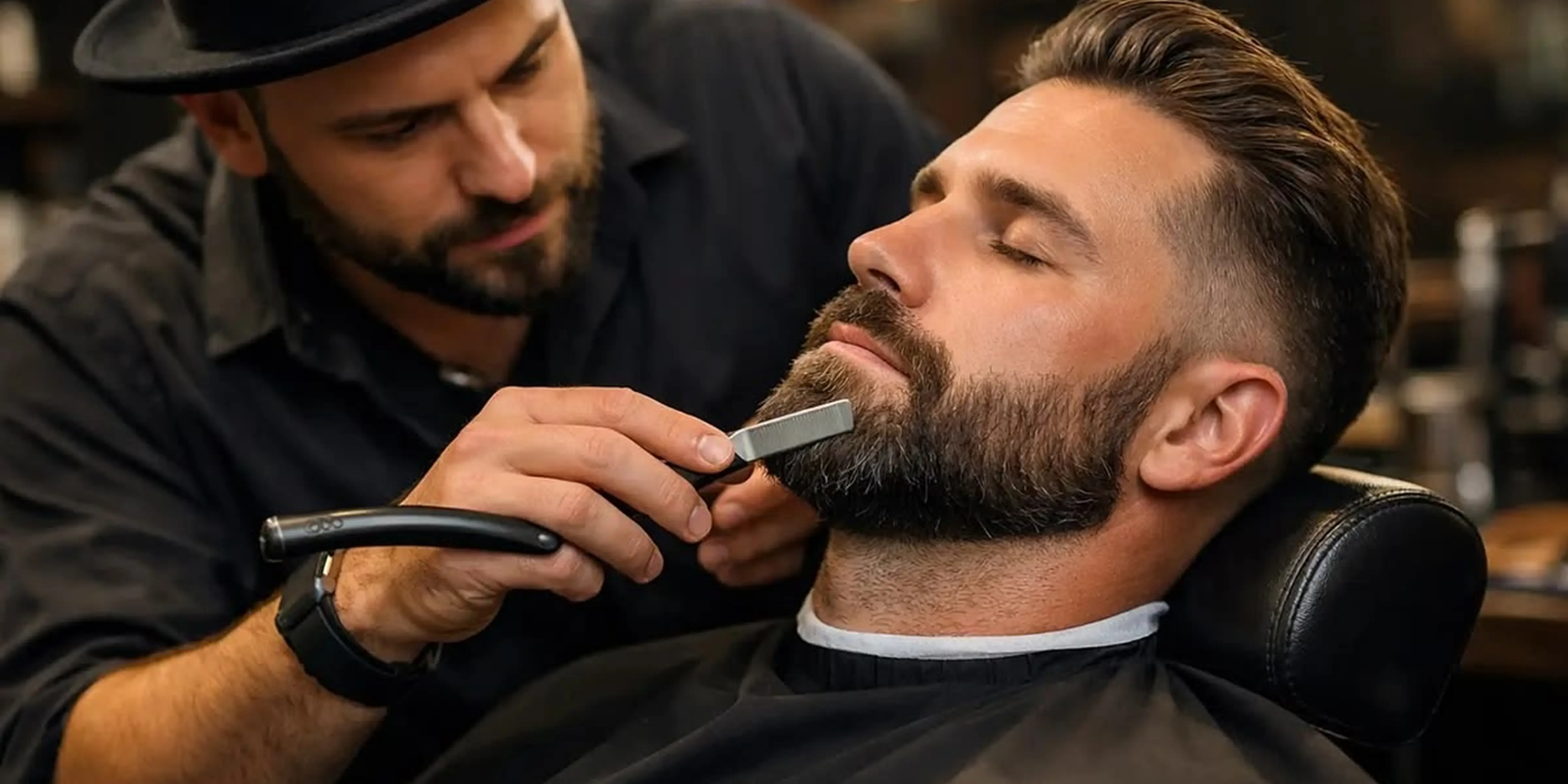 Barber trimming a client's beard with a straight razor