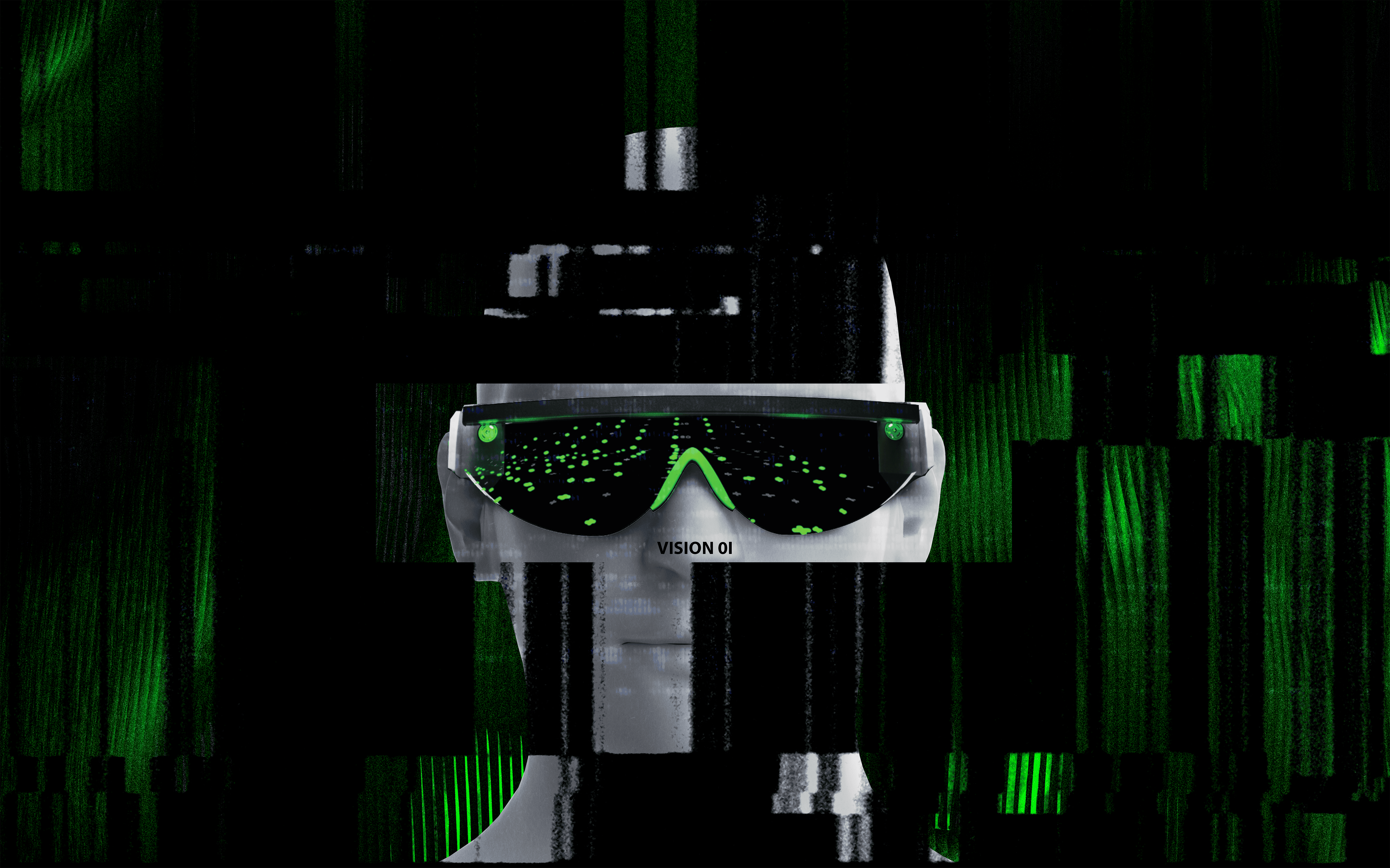 White maniquin wearing the activated black version of the vision 01 ar glasses in front of a dark green digital cyberpunk background.