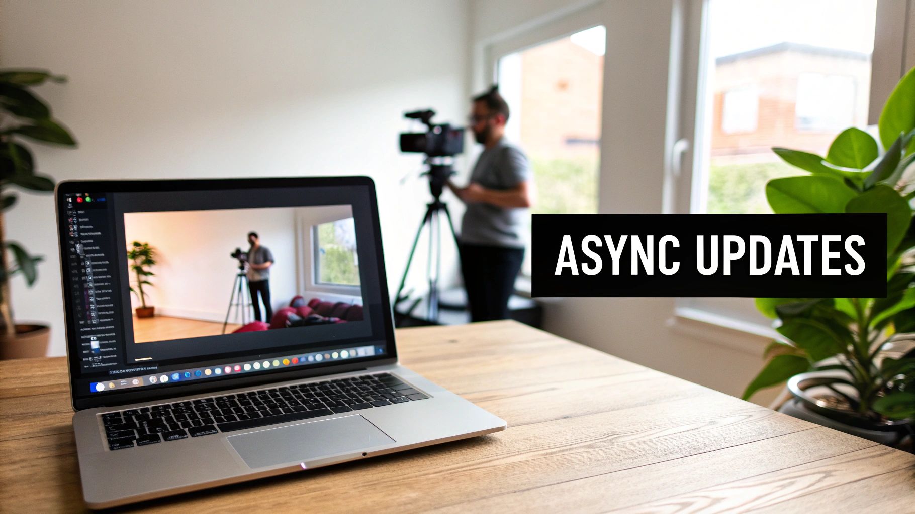A laptop on a wooden desk displays a man filming with a camera in a bright room. The text 'ASYNC UPDATES' is overlaid.