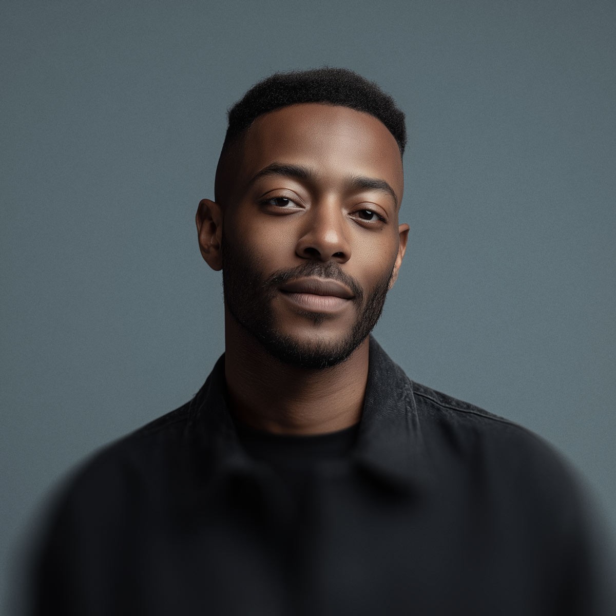 Team member portrait on slate gray background