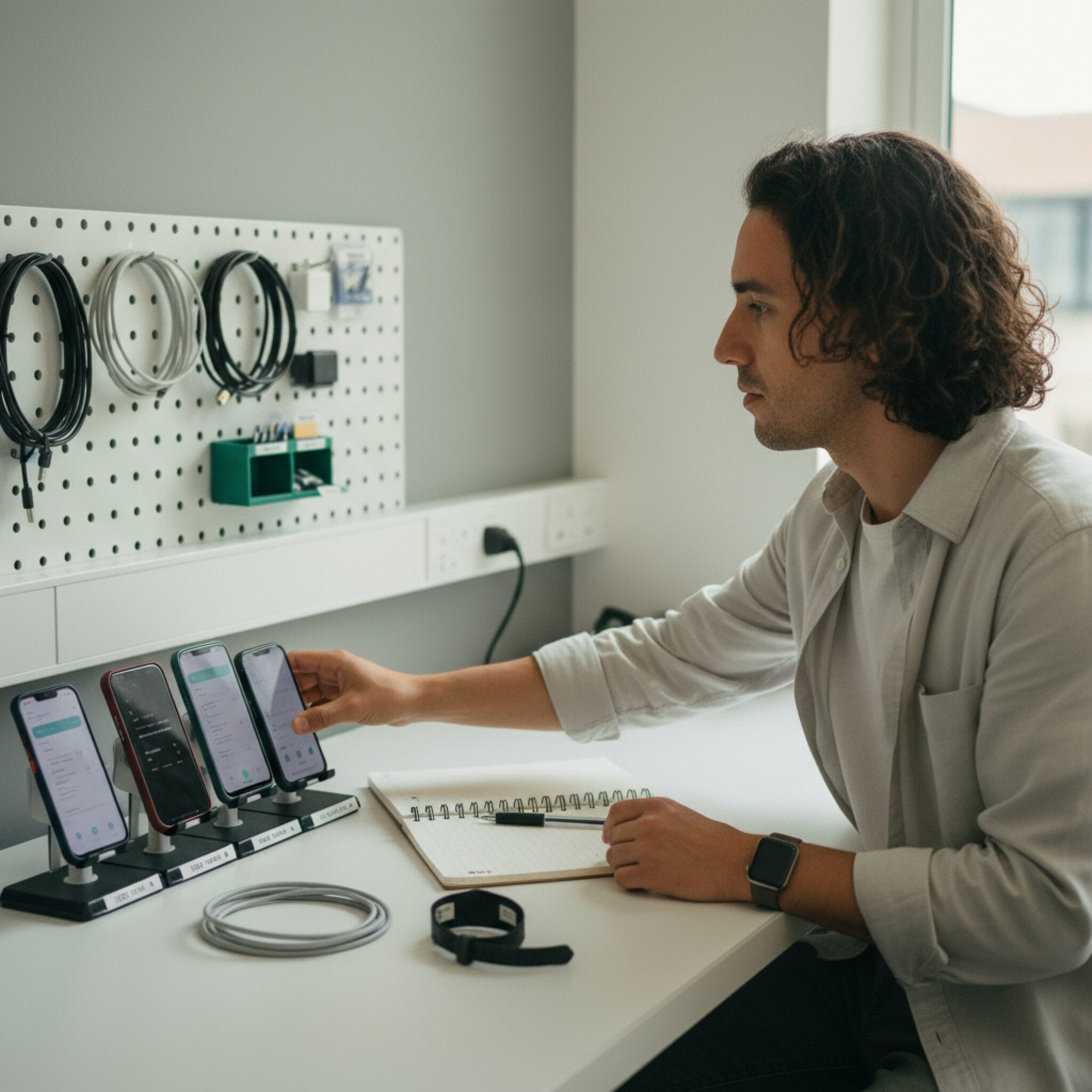 Ein Testlabor zeigt beschriftete Smartphones auf einer Halterung, daneben liegen ein Notizblock und ein antistatisches Armband. Eine Person greift nach einem Demo-Phone, während ein Ladekabel ordentlich aufgewickelt bereitliegt. Ruhige Konzentration, klare Struktur und gut gekennzeichnete Geräte prägen den Moment. Deutlich.