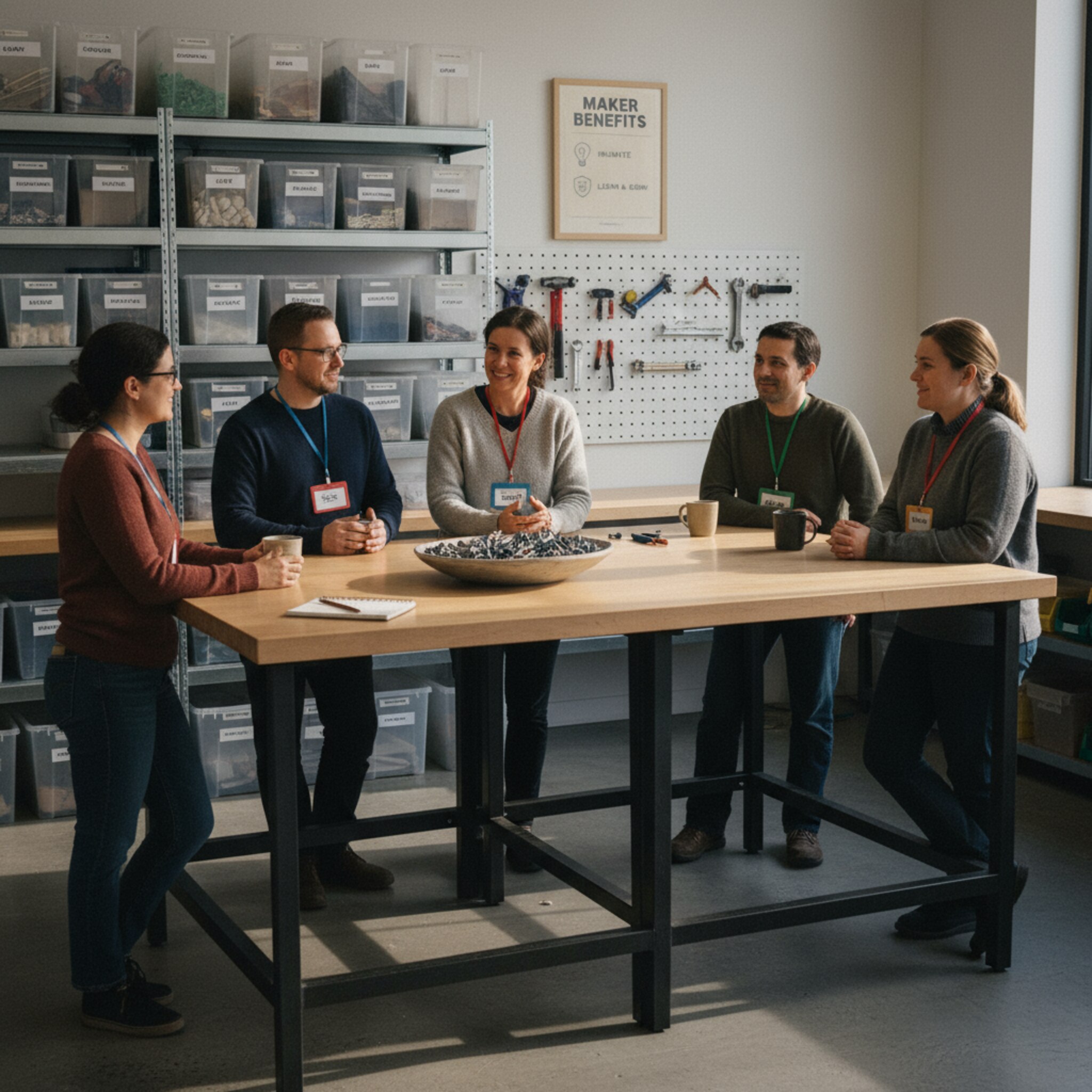 Beim Community-Abend stehen Mitglieder mit verschiedenfarbigen Badges an hohen Tischen zusammen. Lächeln, kurze Gespräche, eine Schale mit Schrauben als Blickfang. Im Hintergrund sind Regale mit sauber beschrifteten Boxen. Das Licht ist warm und einladend, die Stimmung verbindlich und organisiert. Ein Aushang weist auf Vorteile der Mitgliedschaft hin.