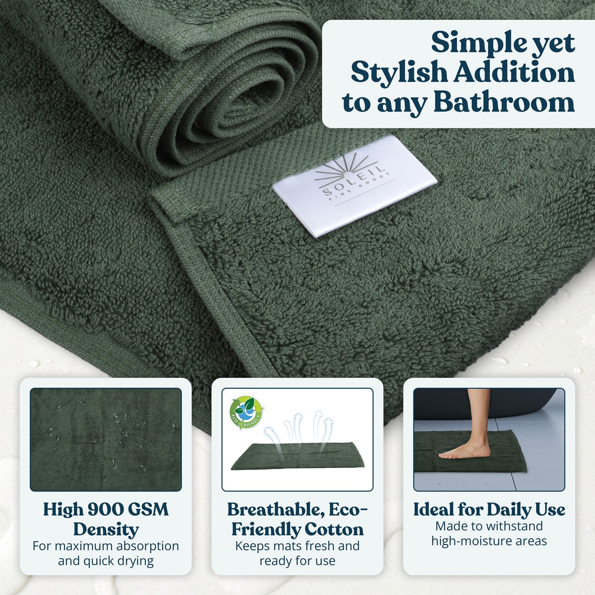 Flat lay of a plush forest green bath mat, highlighting its soft texture for an ecommerce store.