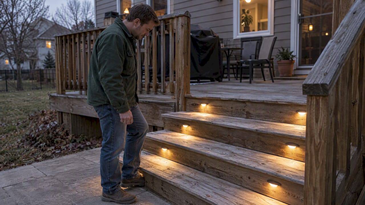Homeowner checking lights along deck steps