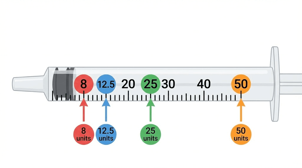 Insulin syringe unit markings for compounded tirzepatide starting dose at different concentrations