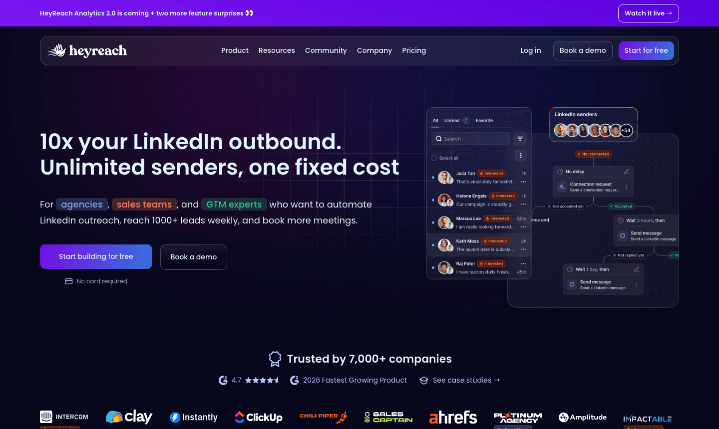 HeyReach homepage (heyreach.io), screenshot taken August 2026 for this comparison
