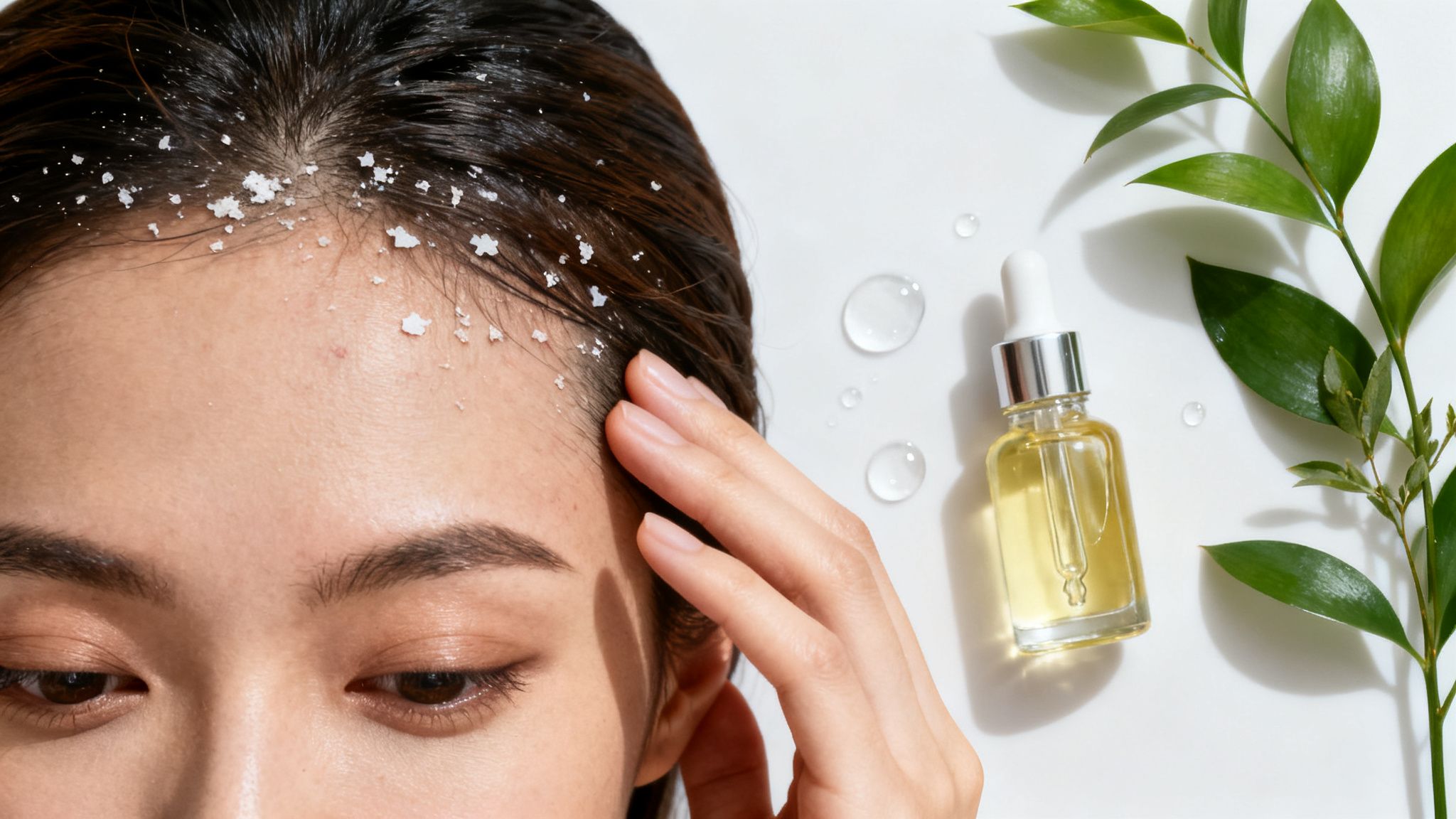 Woman with dandruff and oil behind her