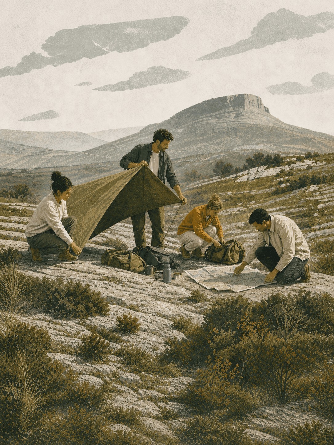 Illustration de participants installant un bivouac en pleine nature.