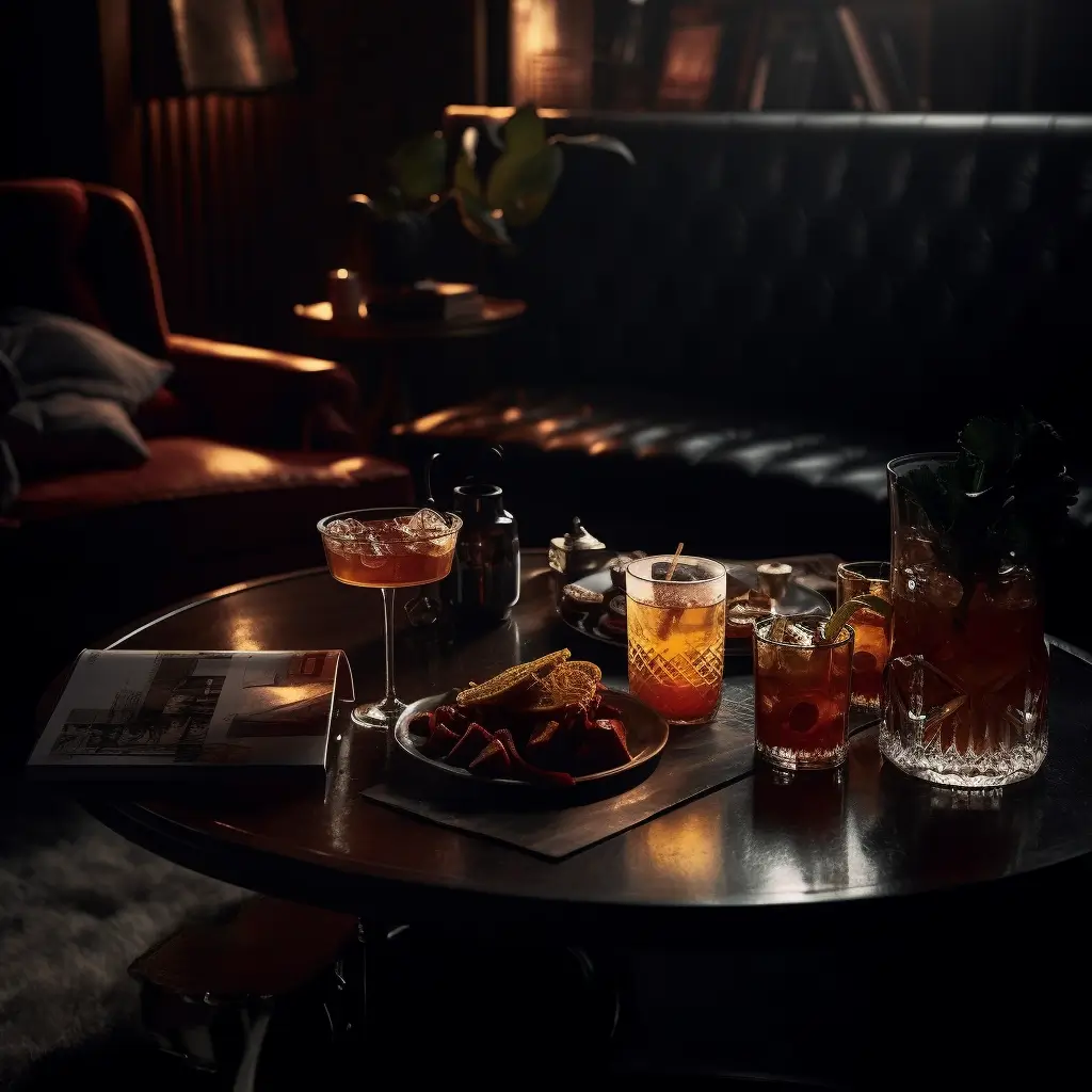 A dimly lit lounge showcases a round table set with an array of elegant cocktails, including an Old Fashioned and a Negroni, complimented by a small platter of appetizers, set against cozy leather chairs and ambient lighting.