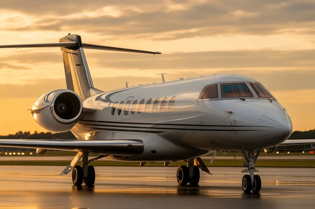 Privatjet auf dem Rollfeld im Sonnenuntergang – Aviation-Versicherung für Jets