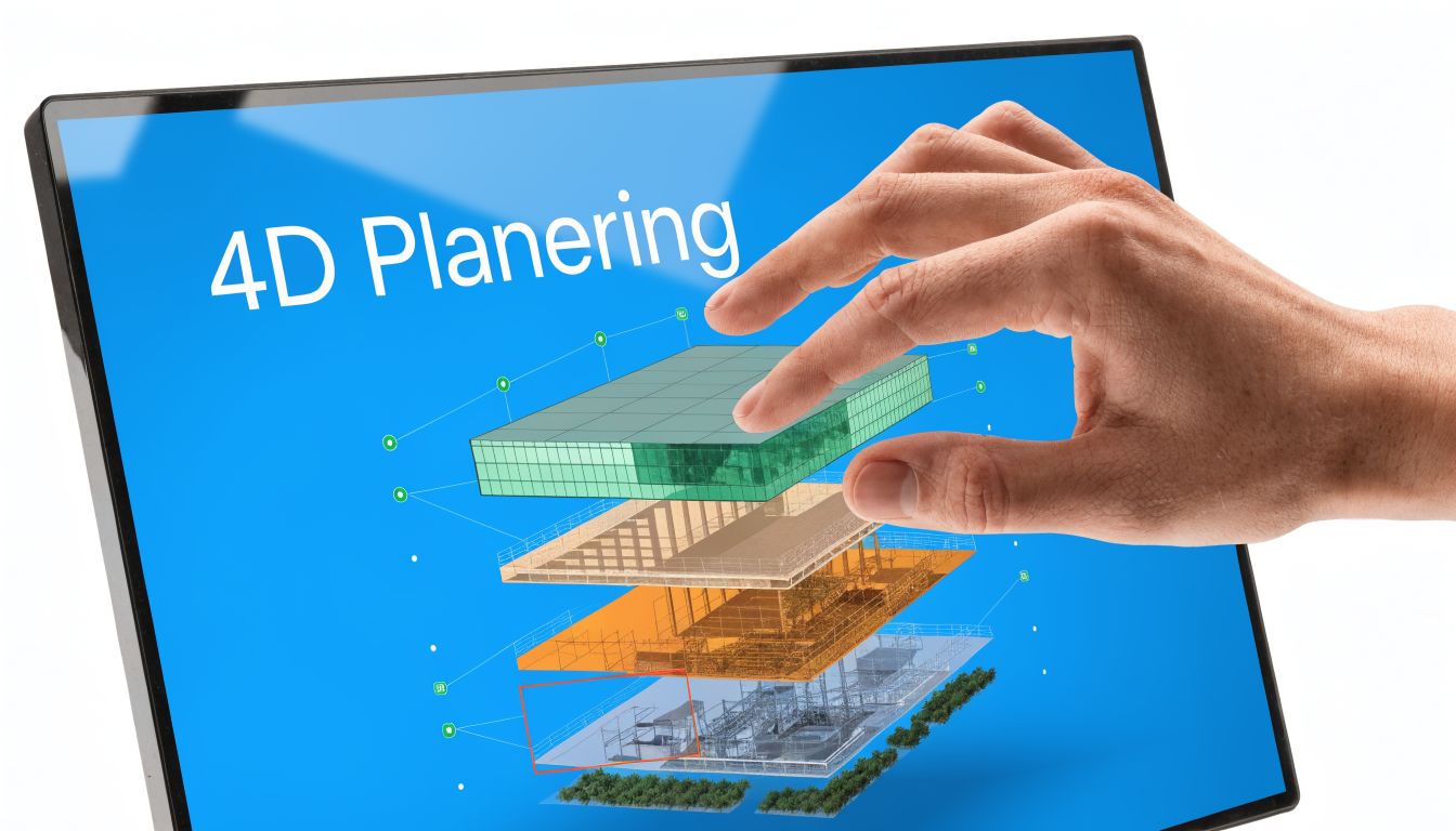 En hand som interagerar med en pekskärm som visar 4D-planering av ett arkitektoniskt byggprojekt i 3D.