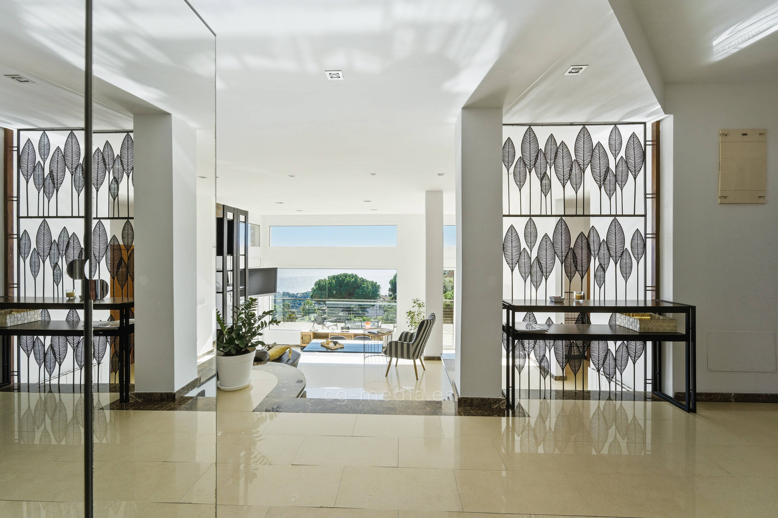 A woman in a red turtle neck with a flashy edited background