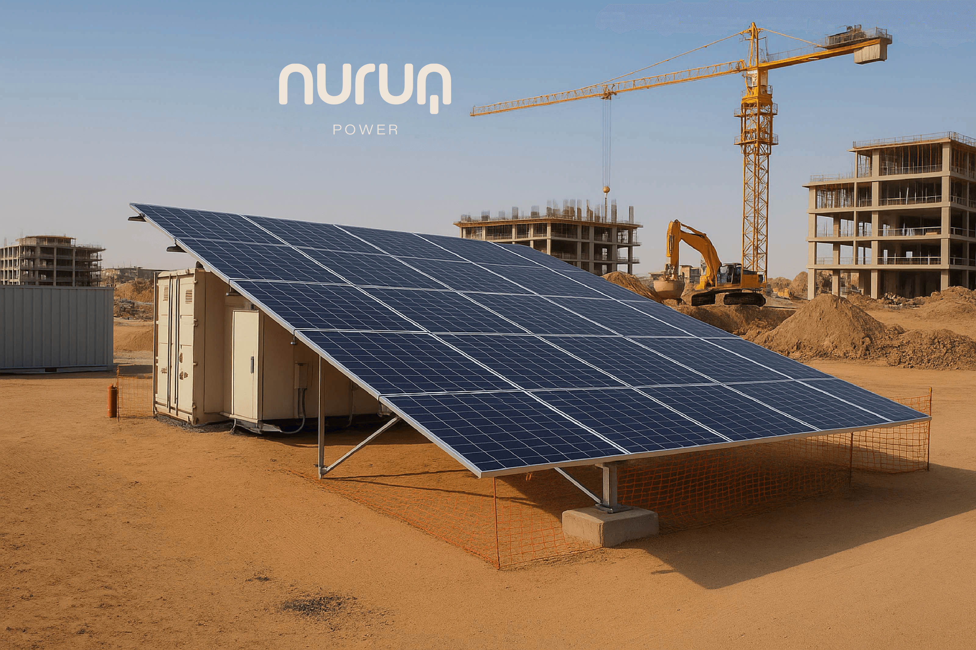 Solar panel at construction area, solar panel supplying the constraction area with energy by Nurun power with bulldozer